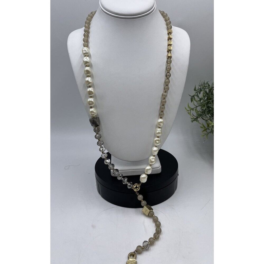 CHICOS Gold Tone Crystal‎ Beads Rhinestone Cross Medallion Tassel Adj Necklace